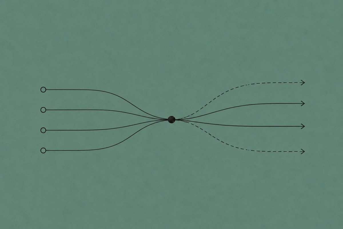 Many routes converging through a single node, then fanning out