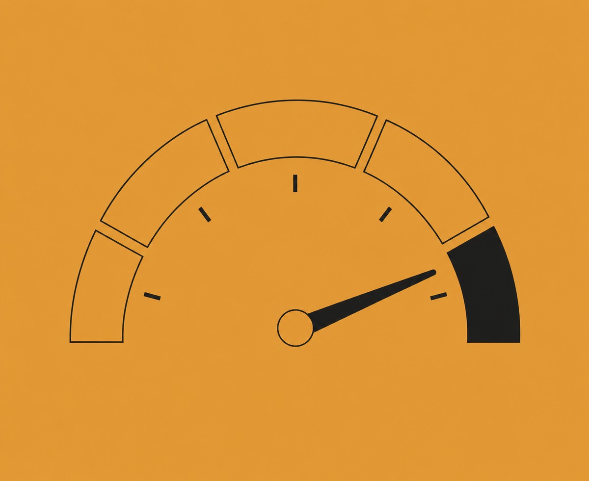 A credit-score gauge with the needle in the high range